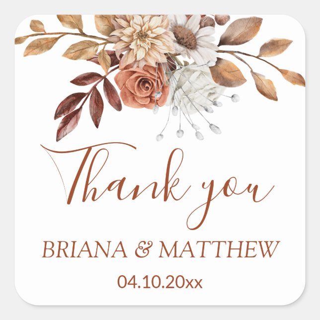 Fall Floral Bouquet on White Favour Square Sticker (Front)
