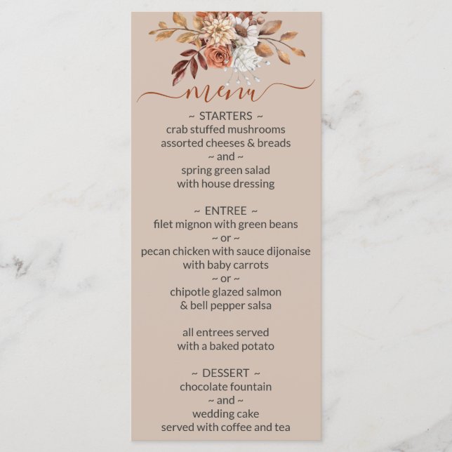 Fall Floral Bouquet Taupe Wedding Menu (Front)