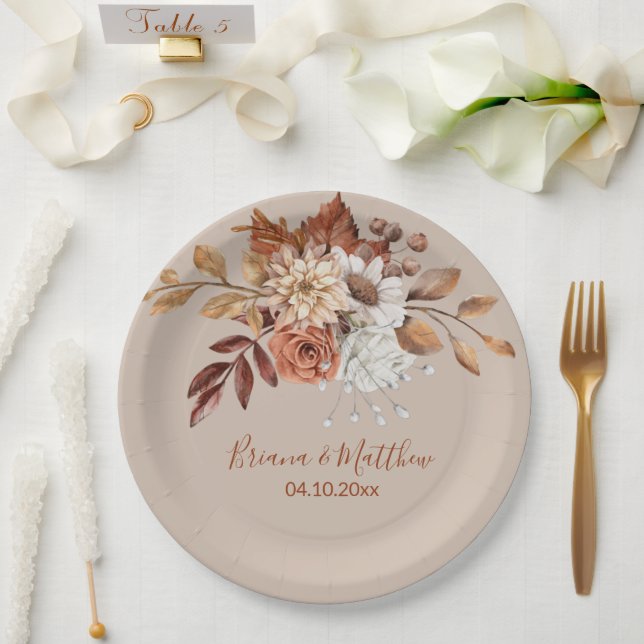 Fall Floral Bouquet Taupe Wedding Paper Plates (Wedding)