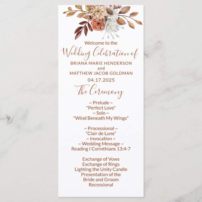 Fall Floral Bouquet White Wedding Program Programme (Front)