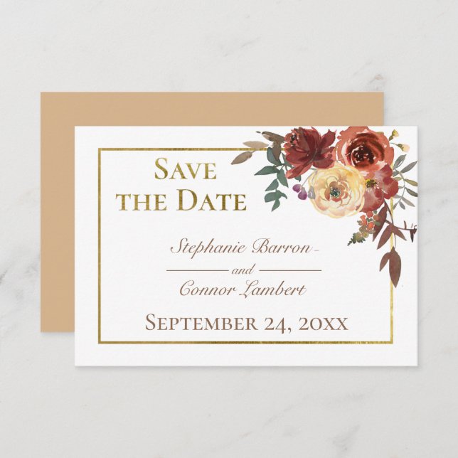 Fall Floral Bouquet with Gold Wedding Save The Date (Front/Back)