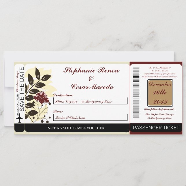 Fall Floral/Branc Boarding Pass Wedding Invitation (Front)