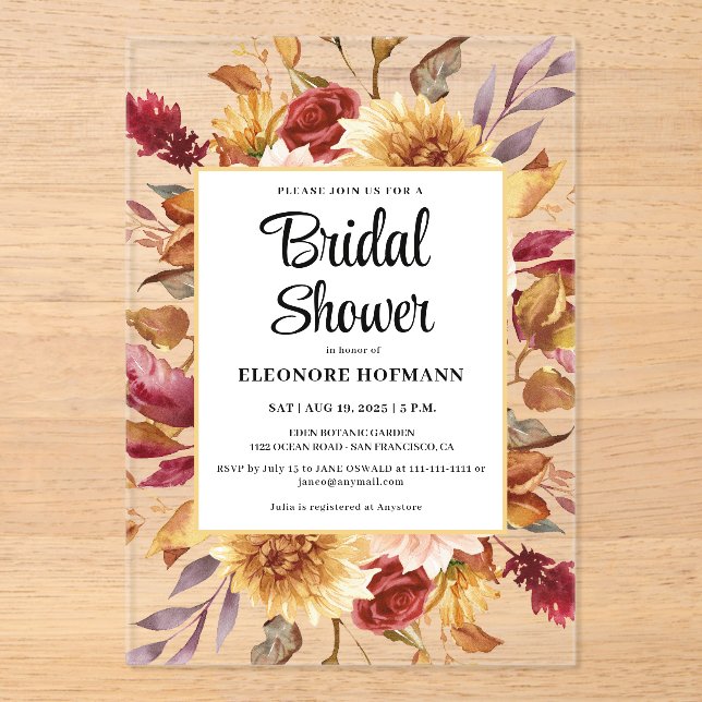 Fall Floral Bridal Shower  Acrylic Invitations (Front)