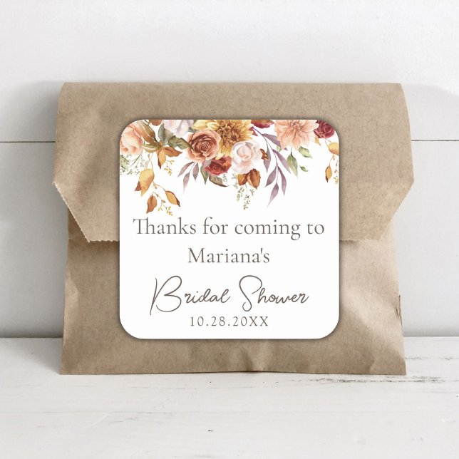 Fall Floral Bridal Shower Favours Square Sticker (Creator Uploaded)