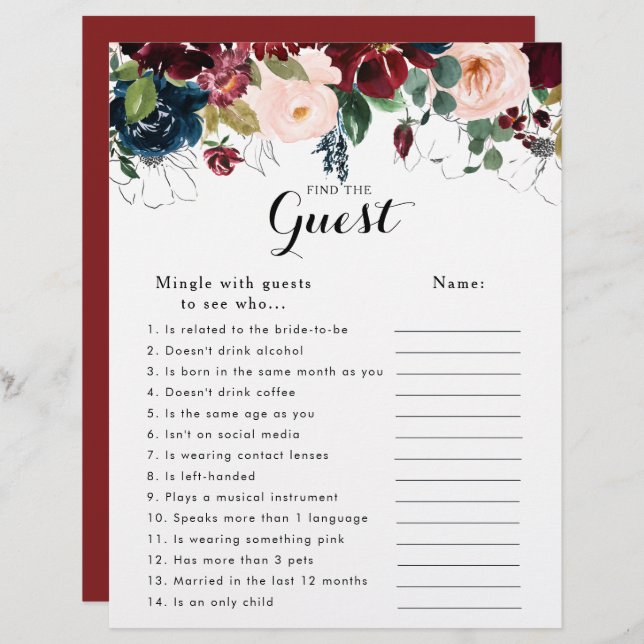 Fall Floral Bridal Shower Find the Guest Game (Front/Back)