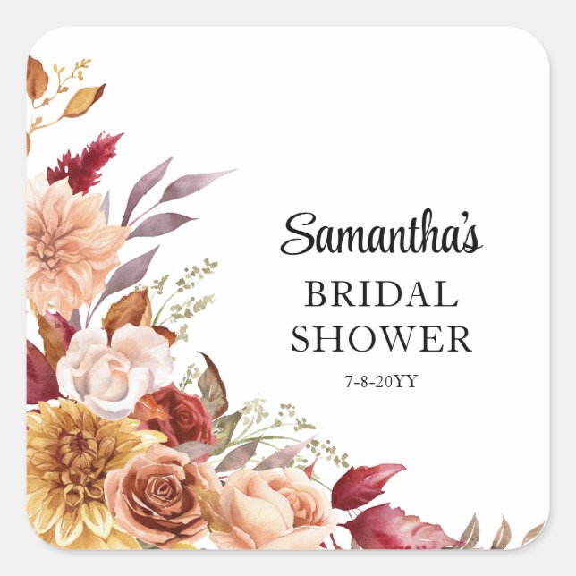 Fall Floral  Bridal Shower  Square Sticker (Front)