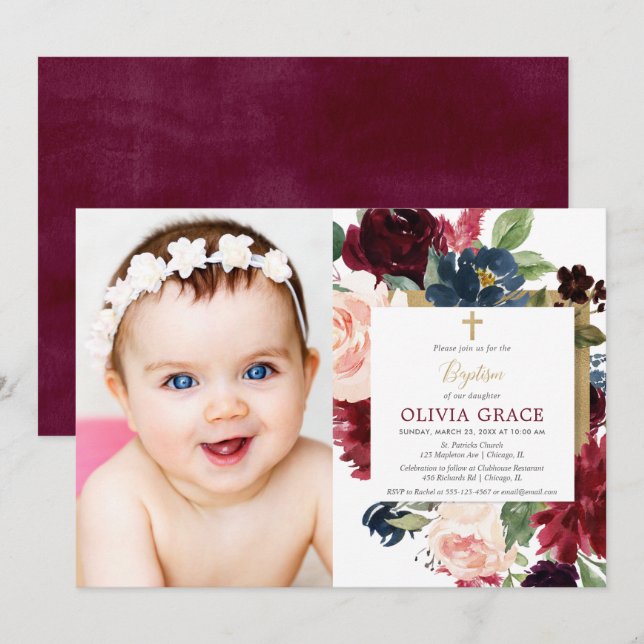 Fall floral burgundy blush gold girl baptism photo invitation (Front/Back)