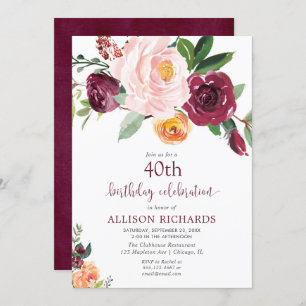 Fall floral burgundy blush pink birthday party invitation