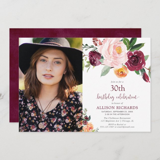 Fall floral burgundy blush pink birthday photo invitation (Front/Back)