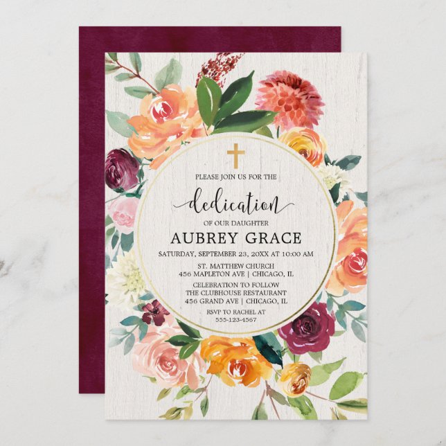 Fall floral burgundy rustic watercolor dedication invitation (Front/Back)