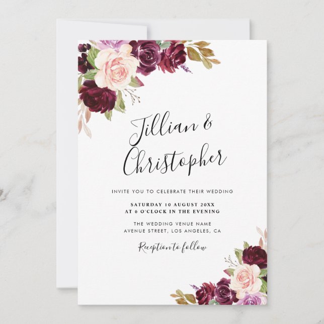 fall floral burgundy wedding invitation (Front)