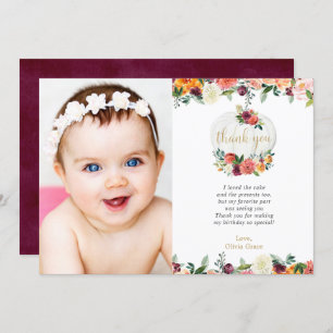 Fall floral burgundy white pumpkin thank you card