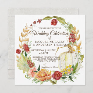 Fall Floral Burgundy White Pumpkin Wreath Wedding Invitation