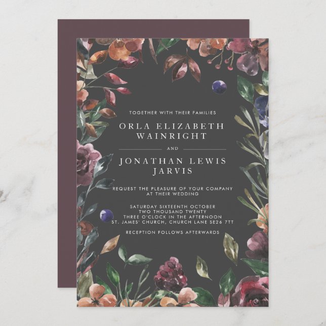 Fall Floral Burst Frame Moody Warm Tones Wedding Invitation (Front/Back)