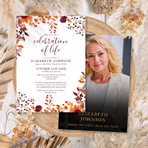 Fall Floral Celebration Of Life Photo Funeral Invitation