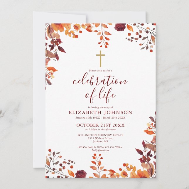 Fall Floral Christian Celebration Of Life Funeral Invitation (Front)