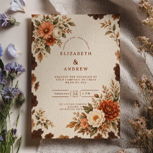 Fall Floral Cowhide Western Wedding Invitation