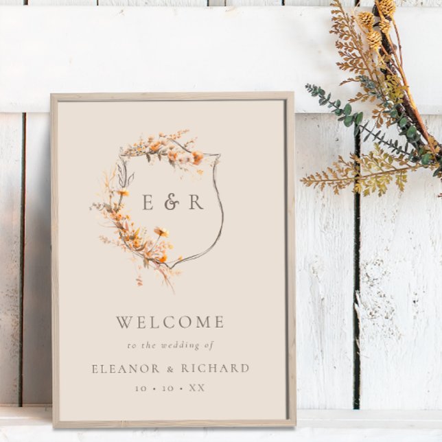  Fall Floral Crest Monogram Wedding Welcome Poster (Creator Uploaded)