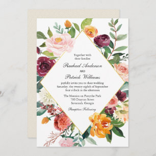 Fall Floral Diamond Frame Wedding Invitation