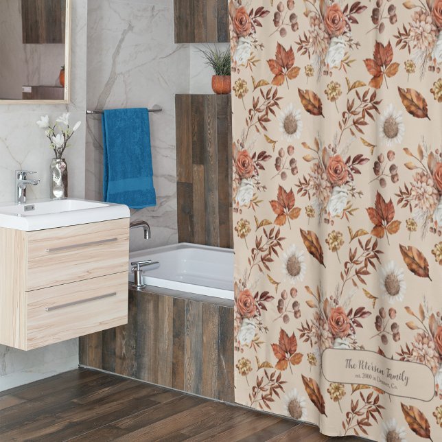 Fall floral elegant retro family name personalised shower curtain (Creator Uploaded)