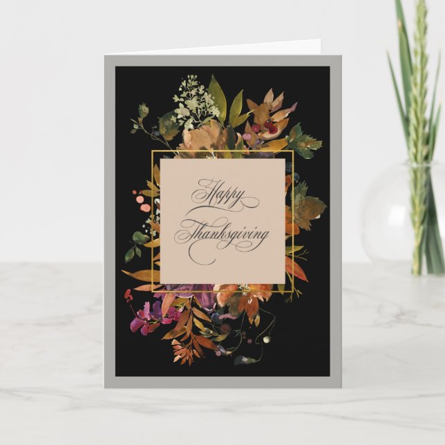 Fall Floral Elegant Script Thanksgiving Holiday Card (Front)