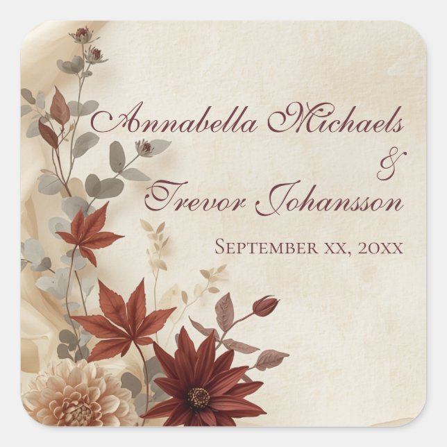Fall Floral Foliage & Linen Autumn Wedding Square Sticker (Front)
