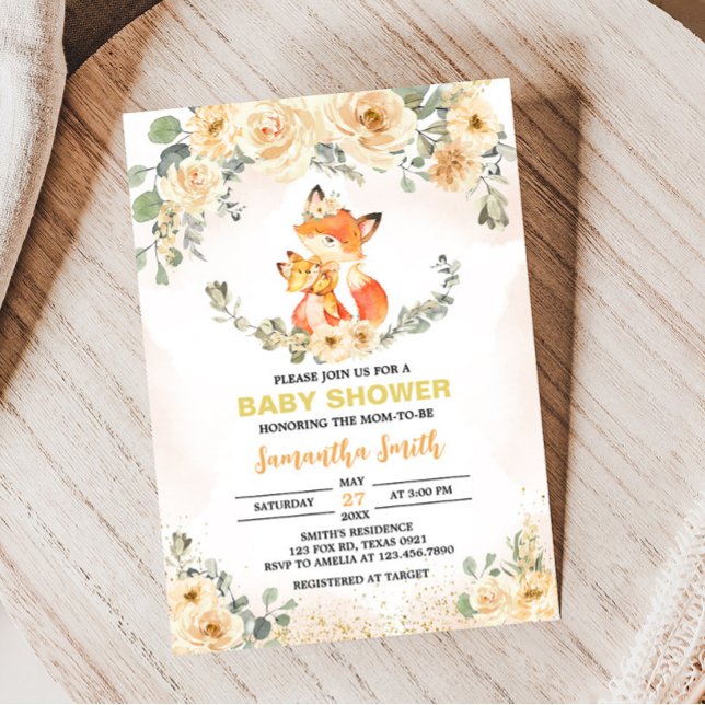 Fall Floral Fox Baby Shower  Invitation (Fox Baby Shower Invitation)