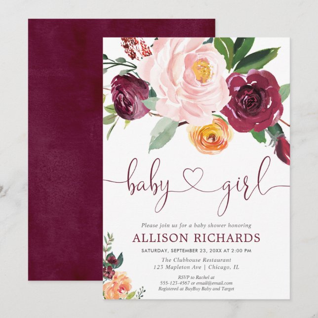 Fall floral girl baby shower, blush pink burgundy invitation (Front/Back)