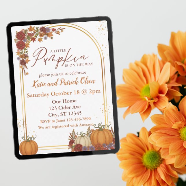 Fall floral, gold, A Little Pumpkin baby shower Invitation (Creator Uploaded)