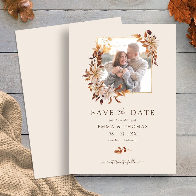 Fall Floral Gold Frame Wedding Photo Save the Date (Elegant Fall Floral Gold Frame Wedding Photo Save the Date by Painted Paperie
)