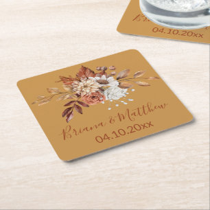 Fall Floral Gold Square Paper Coaster