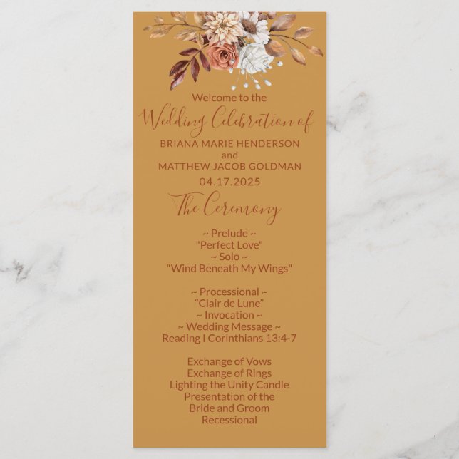 Fall Floral Gold Wedding Program Programme (Front)