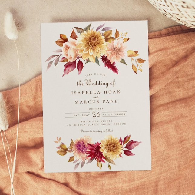 Fall Floral Golden Scarlet Leaves Wedding Invitation (Creator Uploaded)