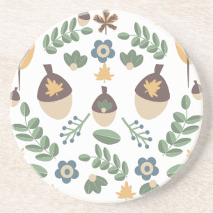 Fall Floral Greenery Leaves Acorn Design Coaster