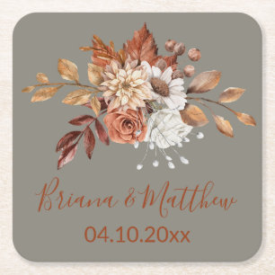 Fall Floral Grey Square Paper Coaster