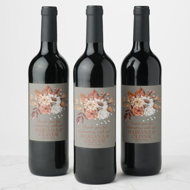 Fall Floral Grey Wedding Favours Wine Label (Bottles)