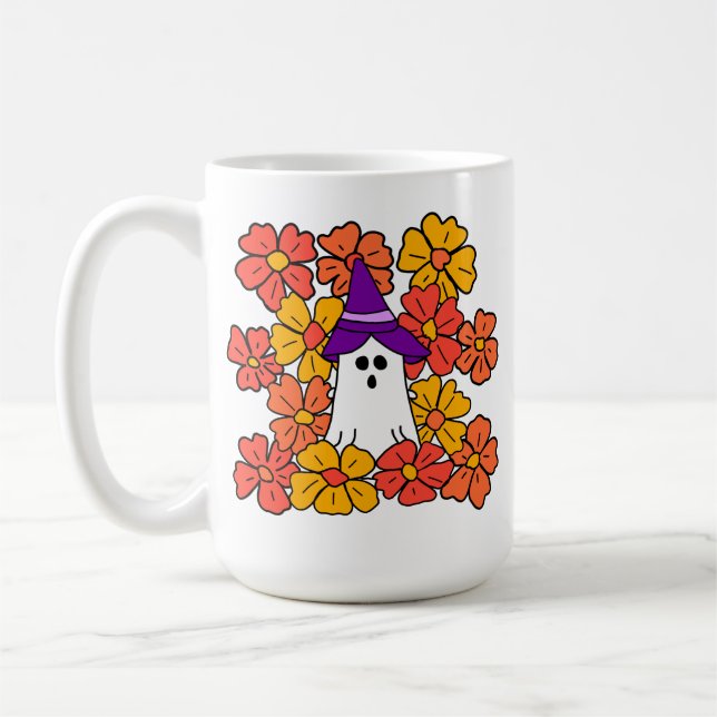 Fall Floral Halloween Ghost  Coffee Mug (Left)