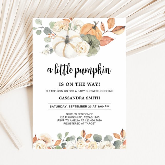 Fall Floral Little Pumpkin Baby Shower  Invitation (Rustic Floral Pumpkin Baby Shower Invitation)