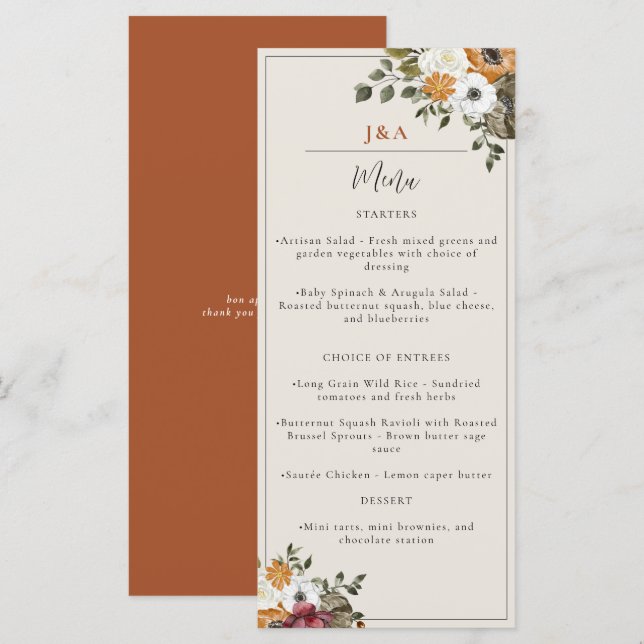 Fall Floral Monogram Wedding Watercolor Terracotta Menu (Front/Back)
