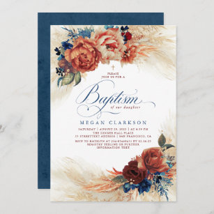 Fall Floral Navy Blue and Terracotta Baptism Invitation