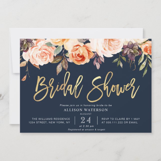 fall floral navy blue bridal shower invitation (Front)