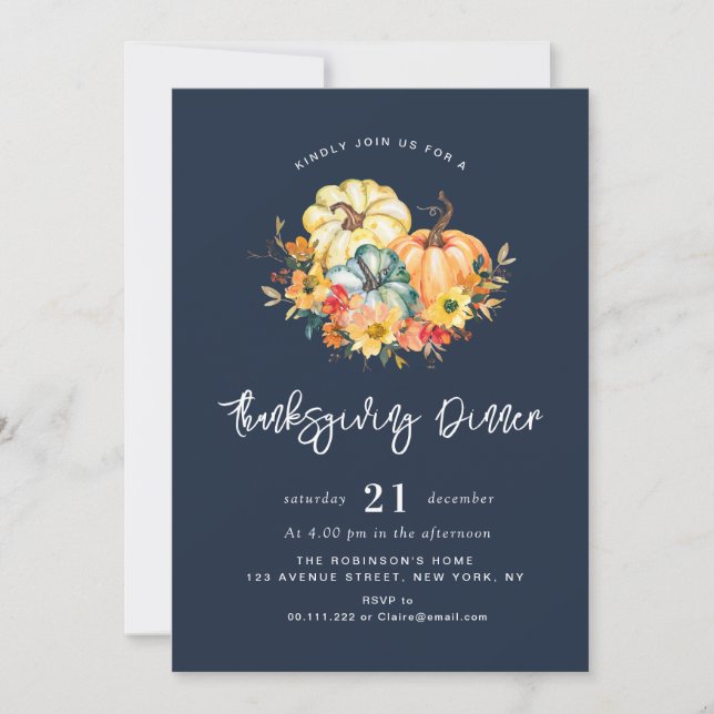 fall floral navy blue thanksgiving Dinner Invitation (Front)