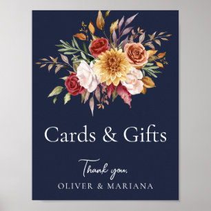 Fall Floral Navy Blue Wedding Cards & Gifts Sign
