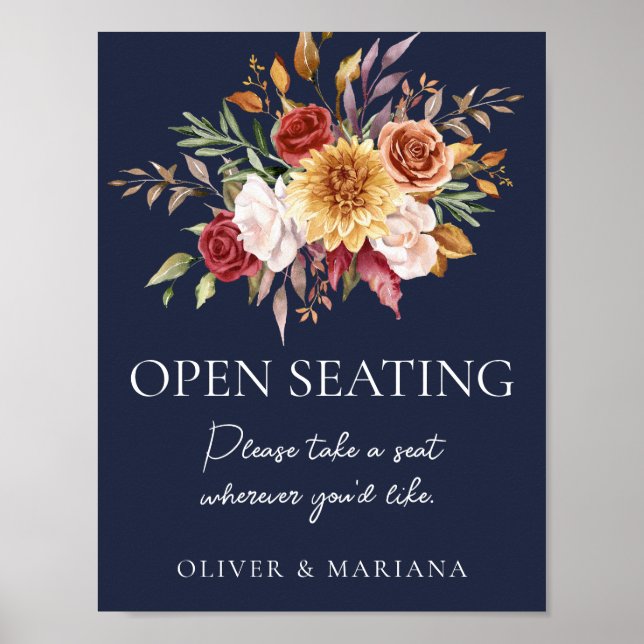 Fall Floral Navy Blue Wedding Open Seating Sign (Front)