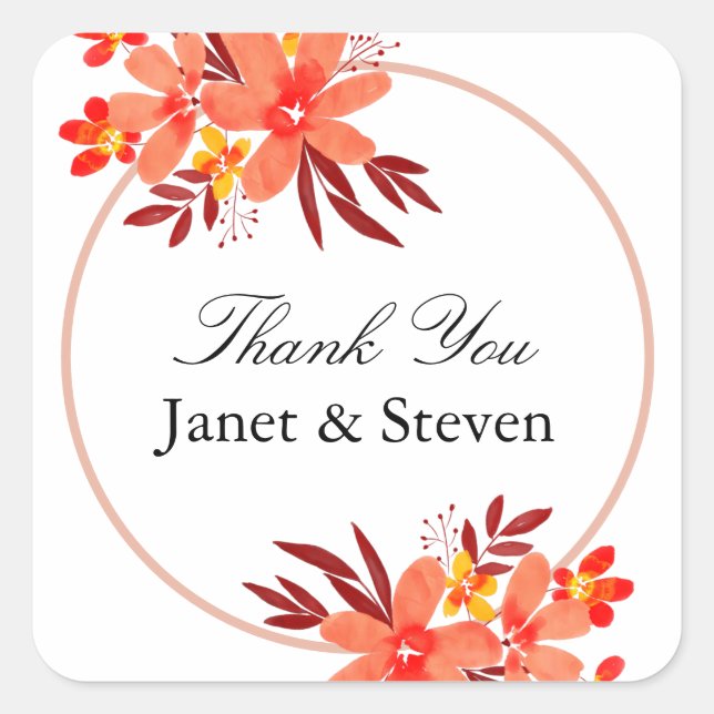 Fall Floral Orange Gold Brown Thank You Square Sti Sticker (Front)
