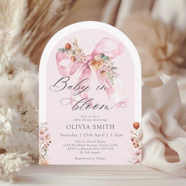 Fall Floral Pink Bow Baby in Bloom Baby Shower Invitation (Creator Uploaded)