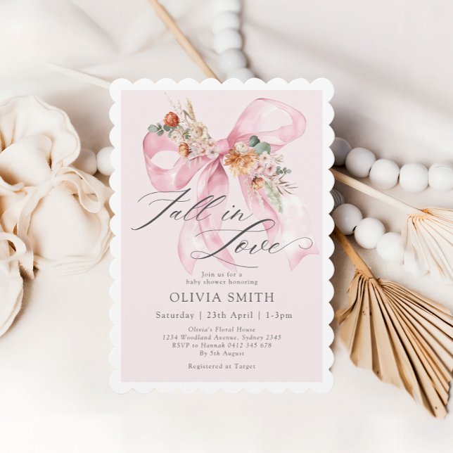 Fall Floral Pink Bow Fall in Love Baby Shower Invitation (Creator Uploaded)