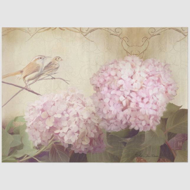 Fall Floral Pink Hydrangea Flowers Birds Decoupage Tissue Paper (Front)