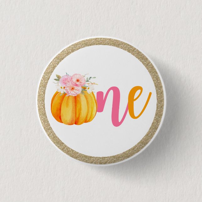 Fall Floral Pumpkin Baby Girl's 1st Birthday ONE 3 Cm Round Badge (Front)