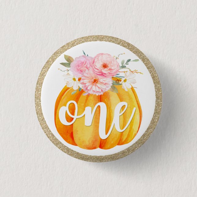 Fall Floral Pumpkin Baby Girl's 1st Birthday ONE 3 Cm Round Badge (Front)